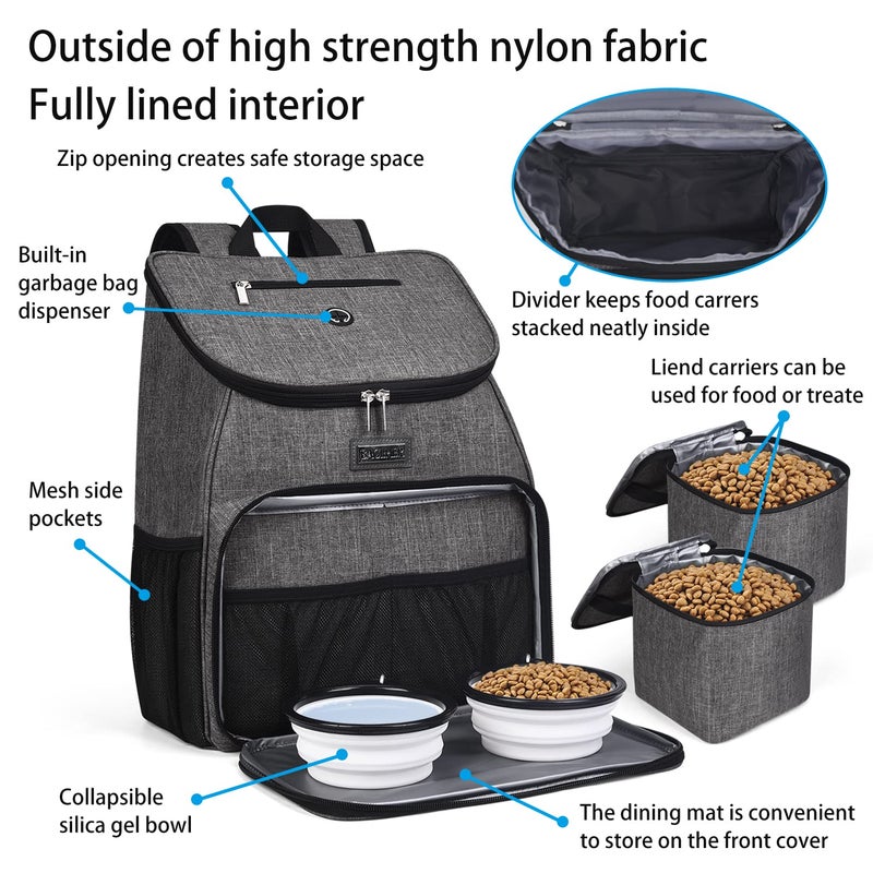 BAGLHERä¸¨Dog Travel Bag, Airline Approved Pet Supplies Backpack, Dog Travel Backpack Accessories Set with 2 Silicone Collapsible Bowls and 2 Food Baskets, Gray - Image 4